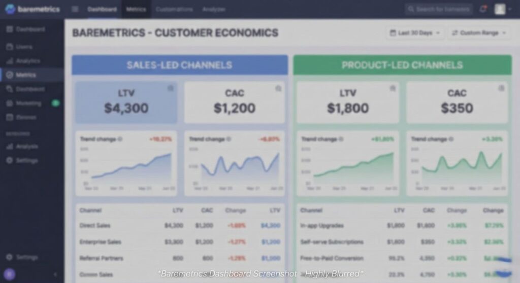 A blurred Baremetrics or Stripe dashboard screenshot showing LTV and CAC metrics segmented clearly by sales-led vs. product-led channels.]